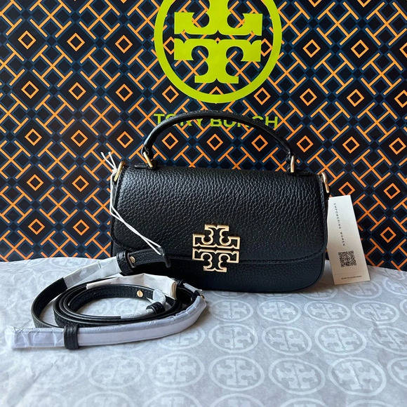 Tory Burch Handbags - Tory Burch Britten Mini Top Handle Bag Crossbody Black Gold